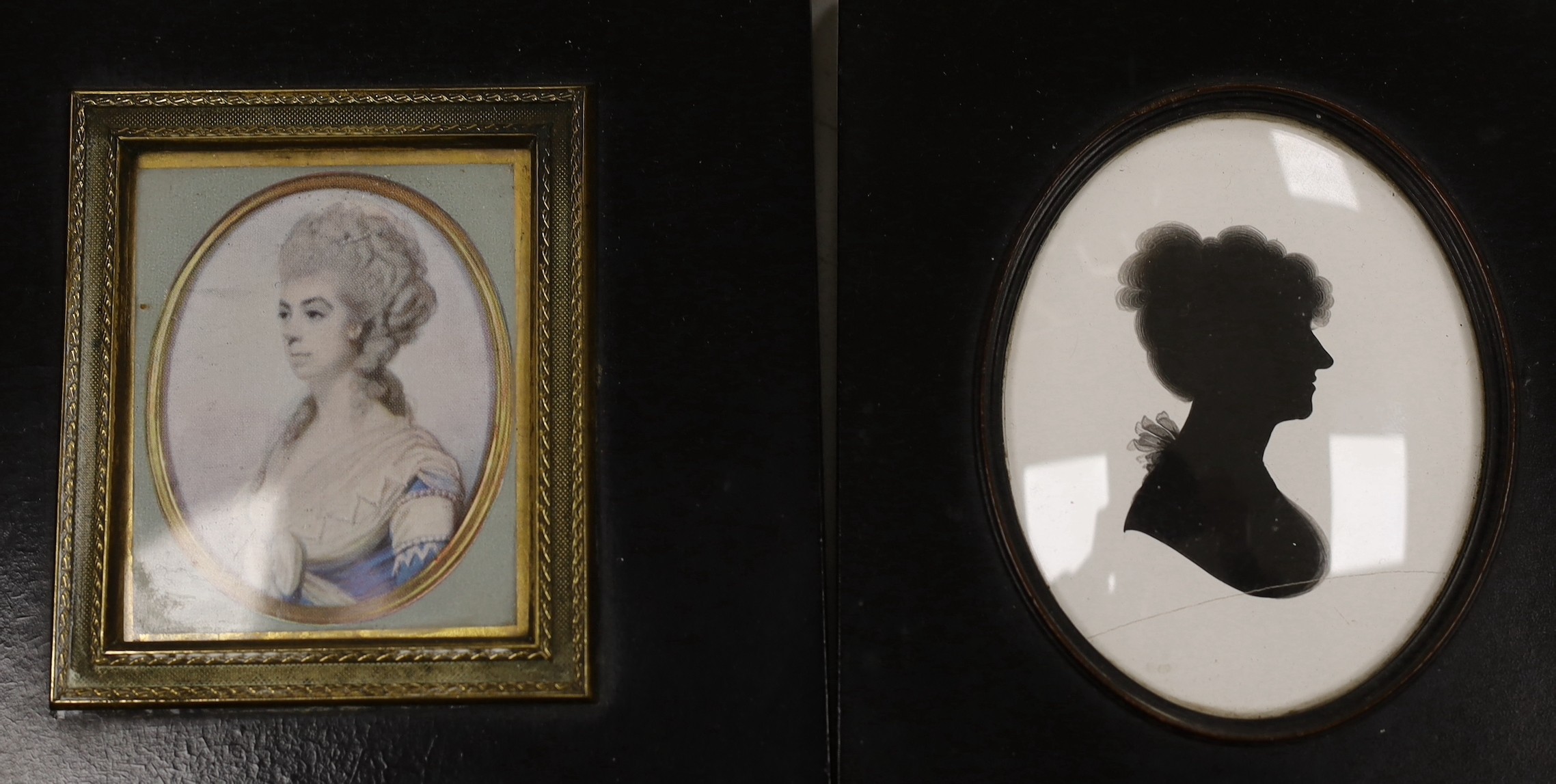 John Miers (1758-1821), painted silhouette of George Augustus Legge 1826, 8 x 6cm, two painted plaster silhouettes, a printed silk miniature and a daguerrotype (5)